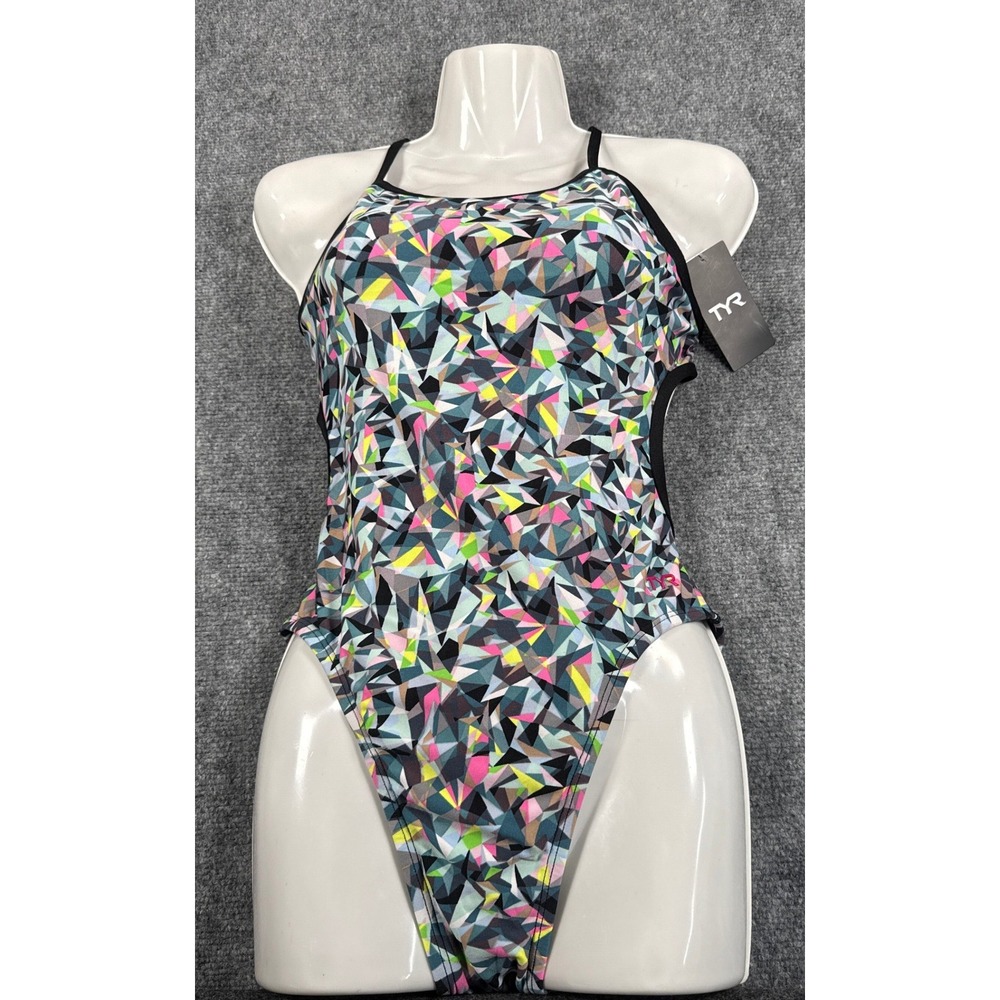 TYR Trinityfit Swimsuit Womens 32 Medium Black Multi Prism One Piece NWT